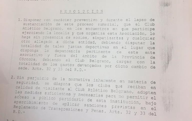 Sanción provisoria a Belgrano: no podrá jugar en Córdoba