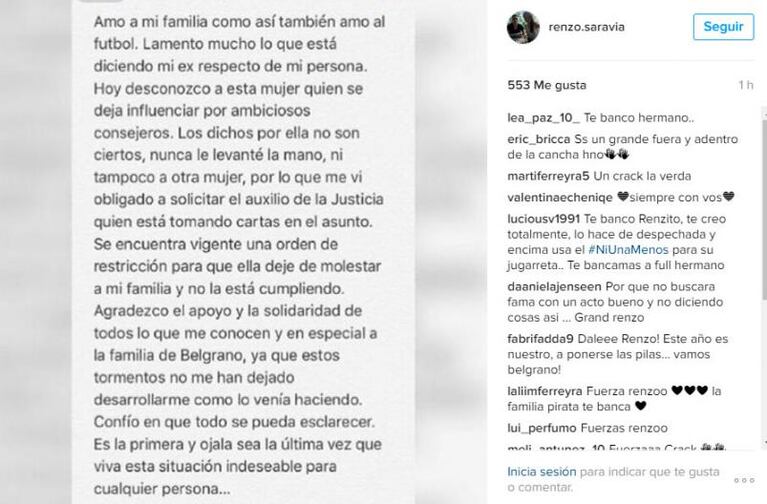 Saravia desmintió las acusaciones de su ex novia por violencia