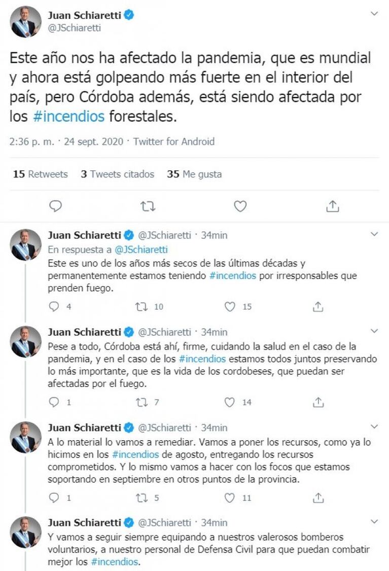 Schiaretti lamentó los incendios en Córdoba y prometió "entregar los recursos comprometidos"