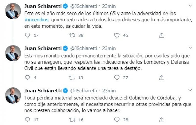 Schiaretti tras los múltiples incendios: "Toda pérdida será remediada desde el Gobierno"