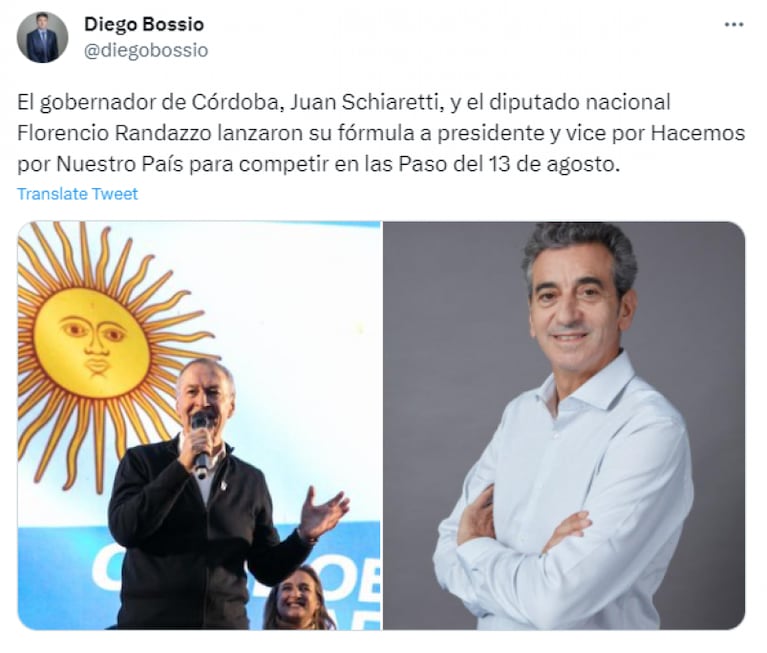 Schiaretti va con Randazzo como compañero de fórmula presidencial