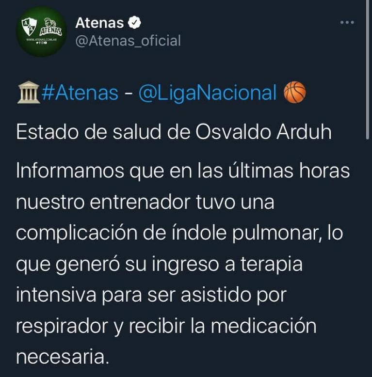 Se complicó el estado de salud del entrenador de Atenas, Osvaldo Arduh