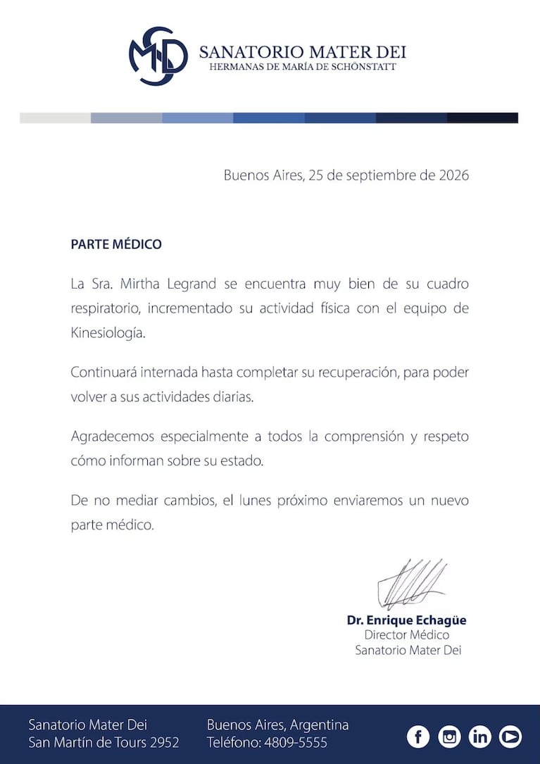 Se conoció el nuevo parte médico de Mirtha Legrand: hasta cuándo seguirá internada