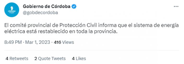 Se restableció la energía en Córdoba y aseguran que no habría otro apagón