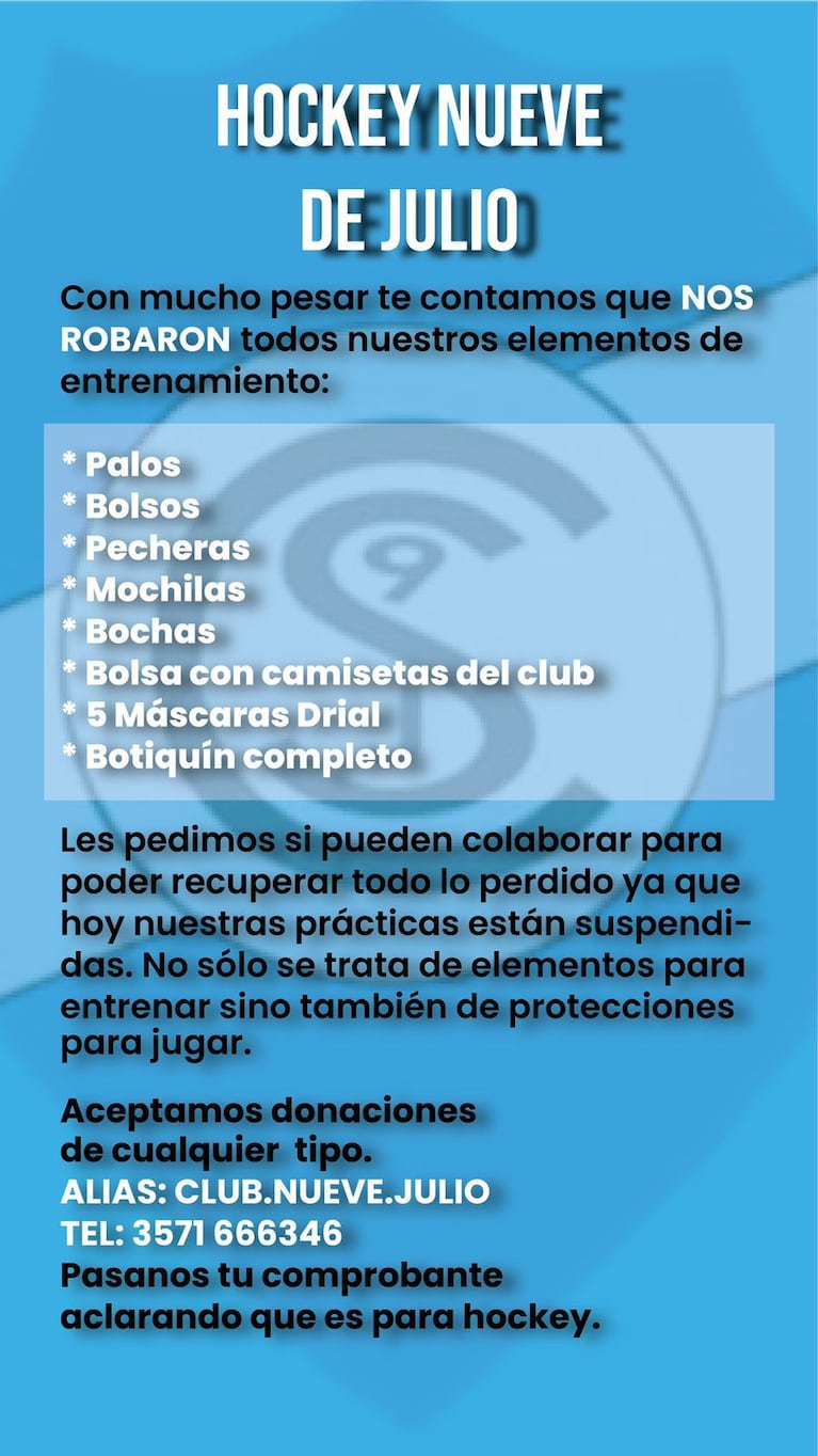 Se robaron los elementos de hockey de un club cordobés y piden ayuda para volver a entrenar