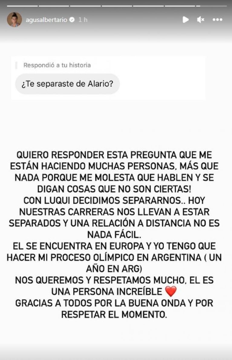 Se separaron Agustina Albertario y Lucas Alario: los motivos