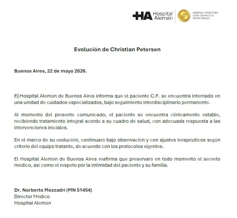 Se supo qué tiene Christian Petersen: el primer parte médico oficial