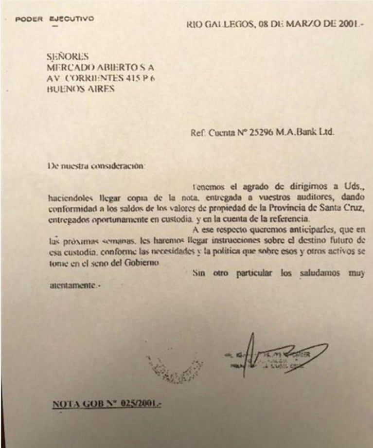Según una carta, Kirchner manejaba los fondos de Santa Cruz en un paraíso fiscal