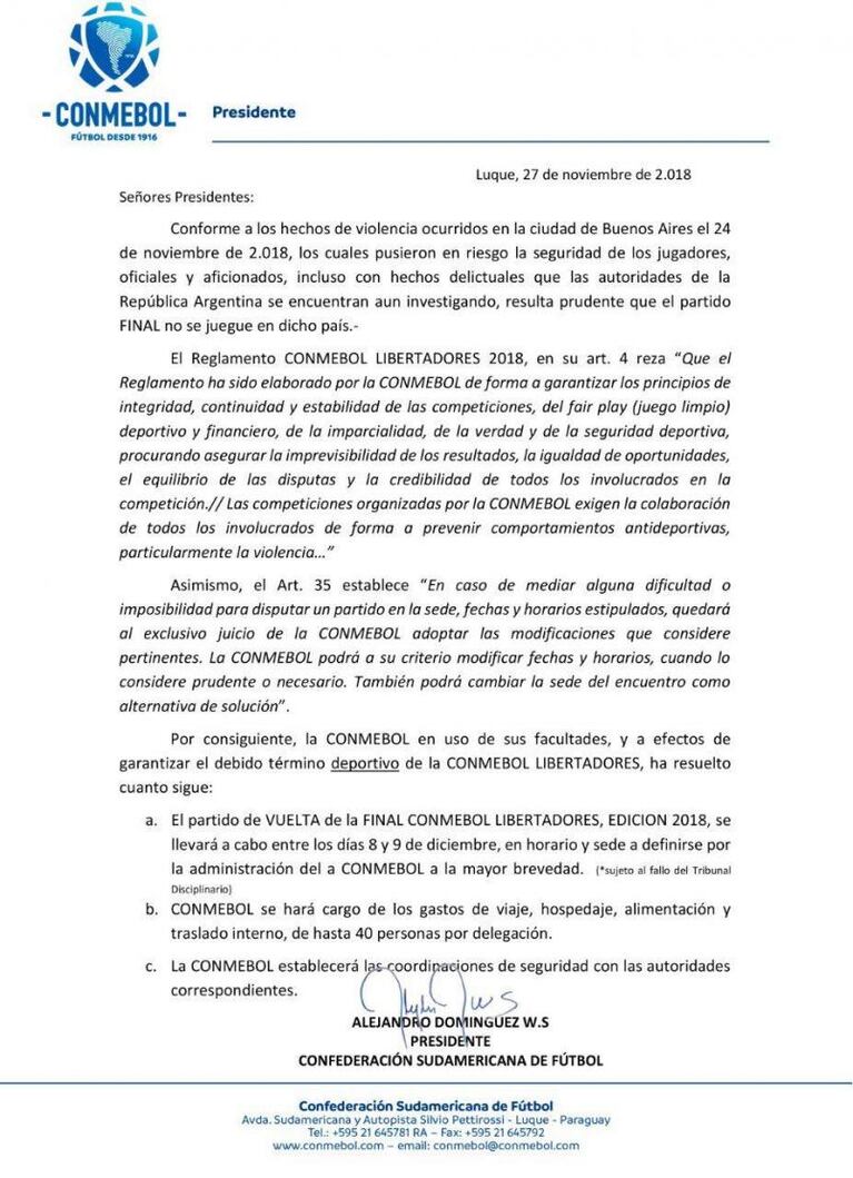 "Si se juega", la final River-Boca será en diciembre y fuera de Argentina