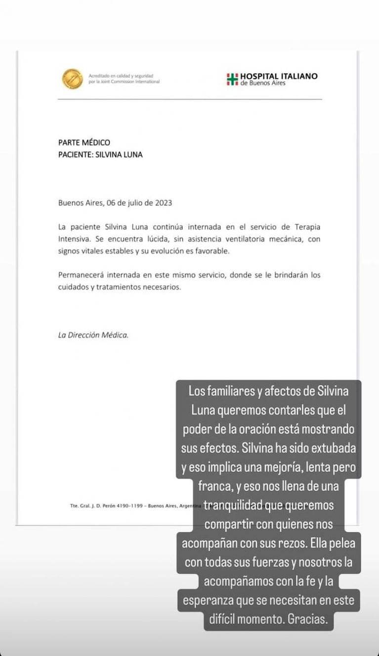 Silvina Luna fue extubada y se conoció un parte médico alentador