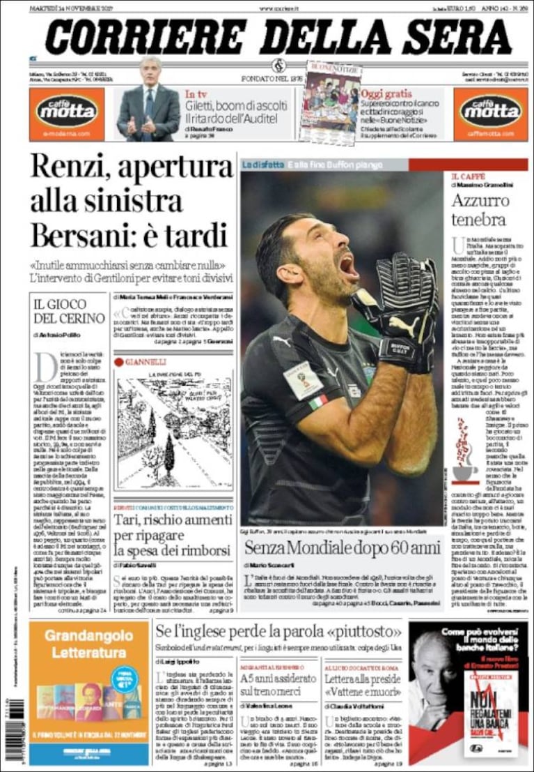 "Sin Mundial después de 60 años", titula el Corriere della Sera