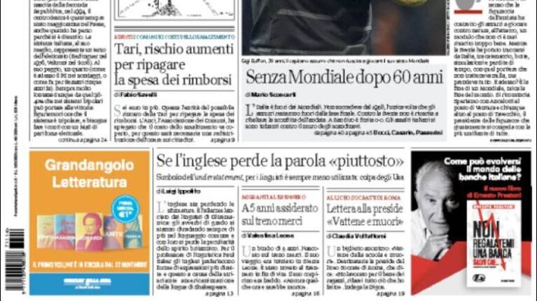 "Sin Mundial después de 60 años", titula el Corriere della Sera