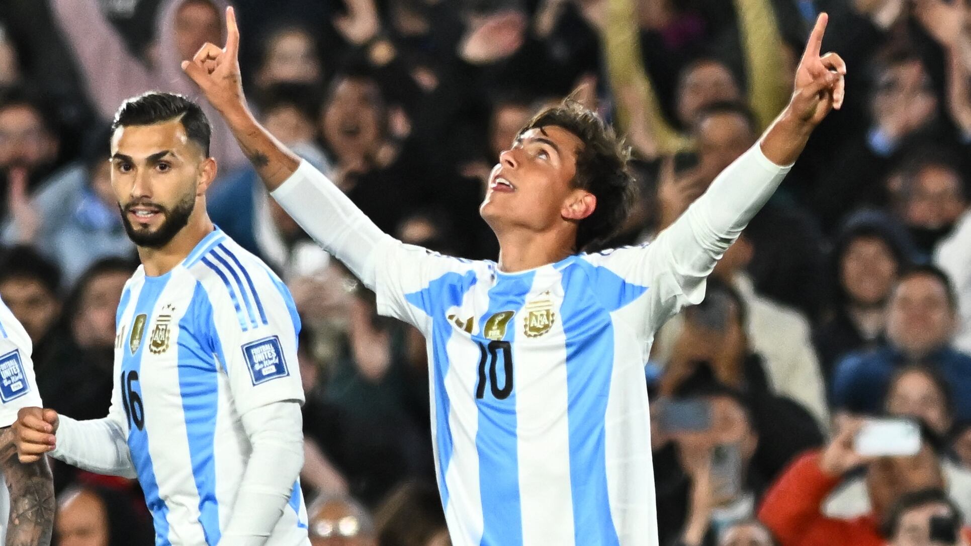 Soccer Football - World Cup - South American Qualifiers - Argentina v Chile - Estadio Mas Monumental, Buenos Aires, Argentina - September 5, 2024 Argentina's Paulo Dybala celebrates scoring their third goal with teammates REUTERS/Rodrigo Valle