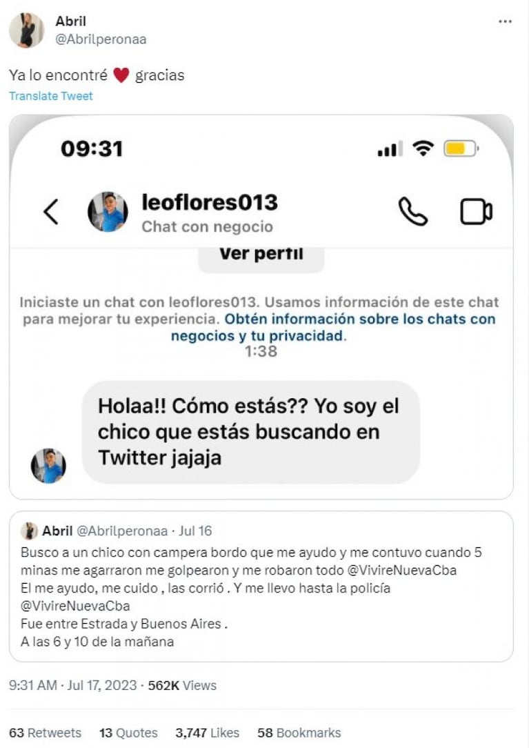 Sufrió un robo piraña, buscó por Twitter al chico que la ayudó y se reencontraron