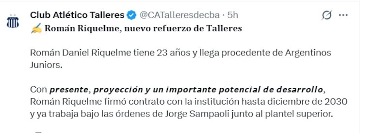 Talleres confirmó la llegada de Riquelme al plantel.