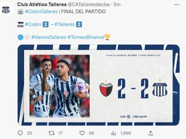 Talleres perdía, se repuso y empató ante Colón en Santa Fe