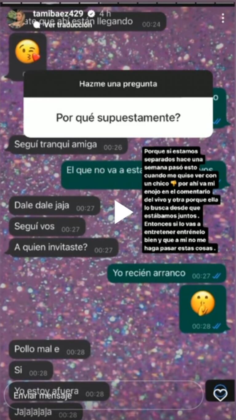 Tamara Báez mostró un chat con L-Gante: celos e indirectas para Wanda Nara