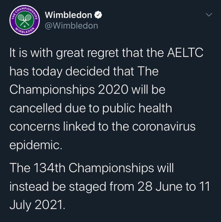 Tenis frenado: cancelaron Wimbledon por el coronavirus