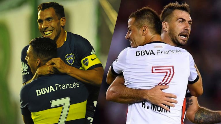 Tevez convirtió y se abraza con Pavón. Mora y Pratto, los goleadores de River.