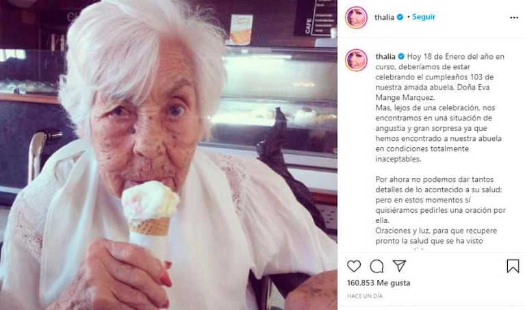 Thalía denunció que maltratan a su abuela de 103 años en un geriátrico
