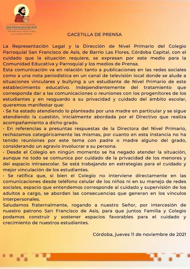 Tiene 11 años y sufrió bullying en un colegio parroquial: la protesta de sus compañeros