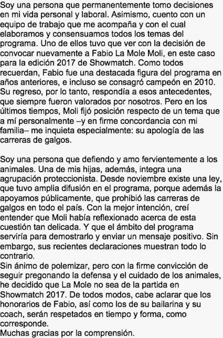 Tinelli bajó a la Mole Moli del Bailando: el duro comunicado