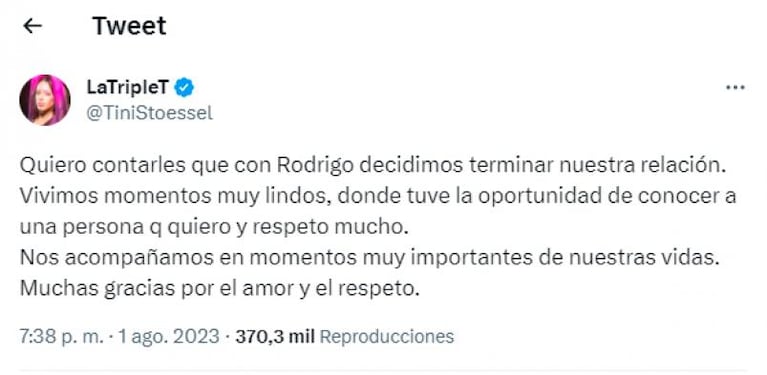 Tini y De Paul confirmaron su separación con un idéntico mensaje en las redes