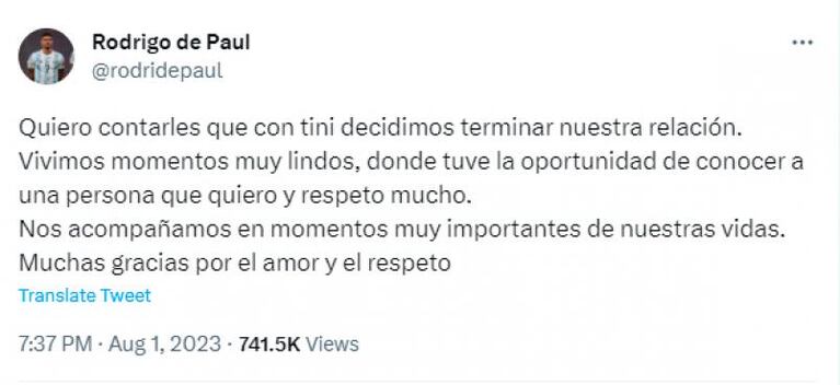 Tini y De Paul confirmaron su separación con un idéntico mensaje en las redes