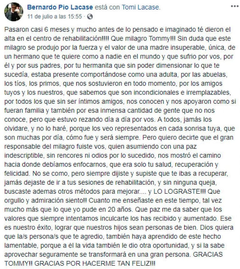 Tomás Lacase recibió el alta a seis meses de la golpiza en Punta del Este