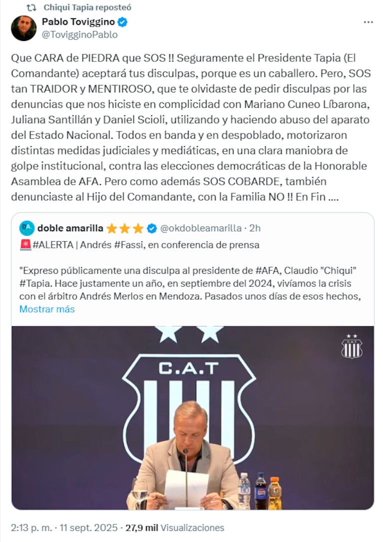 “Traidor y mentiroso”: la durísima respuesta de Toviggino contra Fassi que reposteó Chiqui Tapia