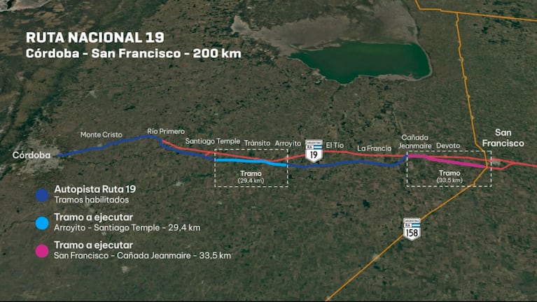 Tramos habilitados y a ejecutar en la Autopista Córdoba-San Francisco.