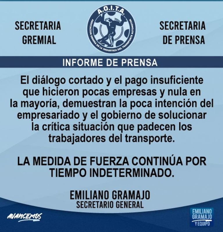 Transporte: sigue el paro de Aoita y empresarios de colectivos advirtieron que no podrán pagar sueldos