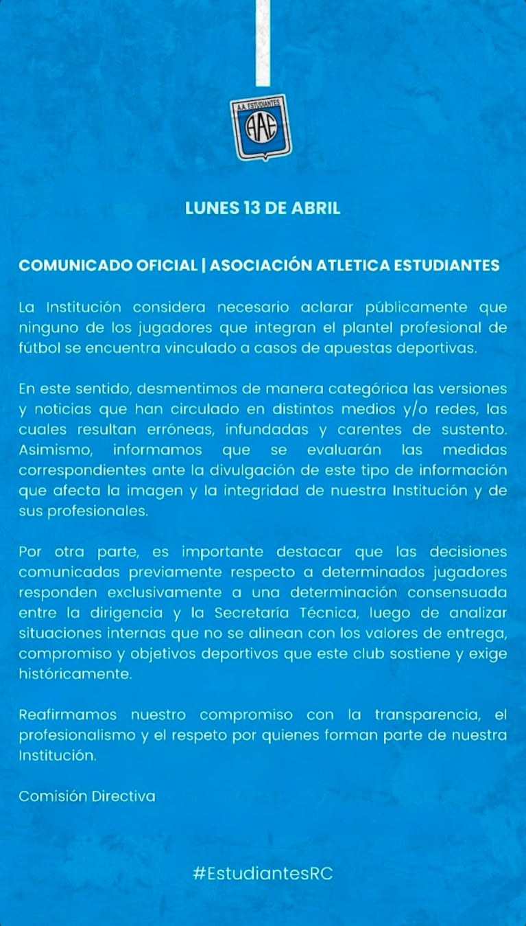 Tras apartar a varios jugadores, Estudiantes de Río Cuarto negó vínculos con apuestas deportivas