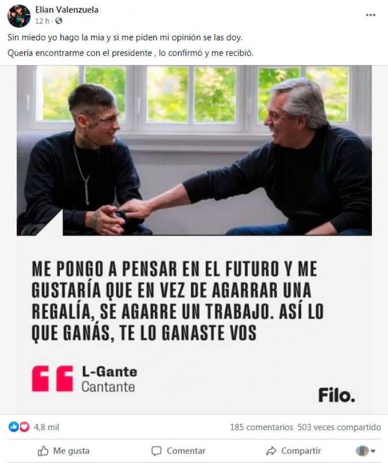 Tras las críticas, L-Gante contó la verdad sobre su visita a Alberto Fernández