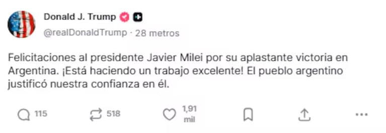 Trump felicitó a Milei por la “aplastante victoria” y reafirmó el apoyo tras las legislativas