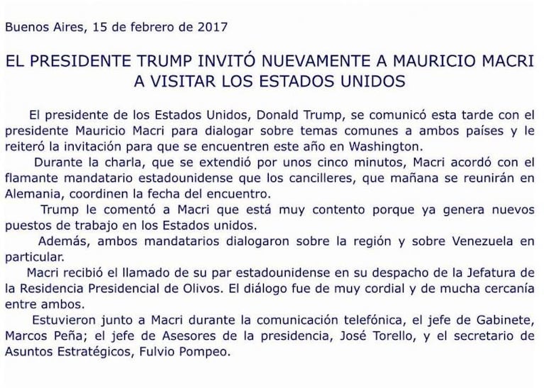 Trump llamó a Macri y lo invitó a una visita en la Casa Blanca