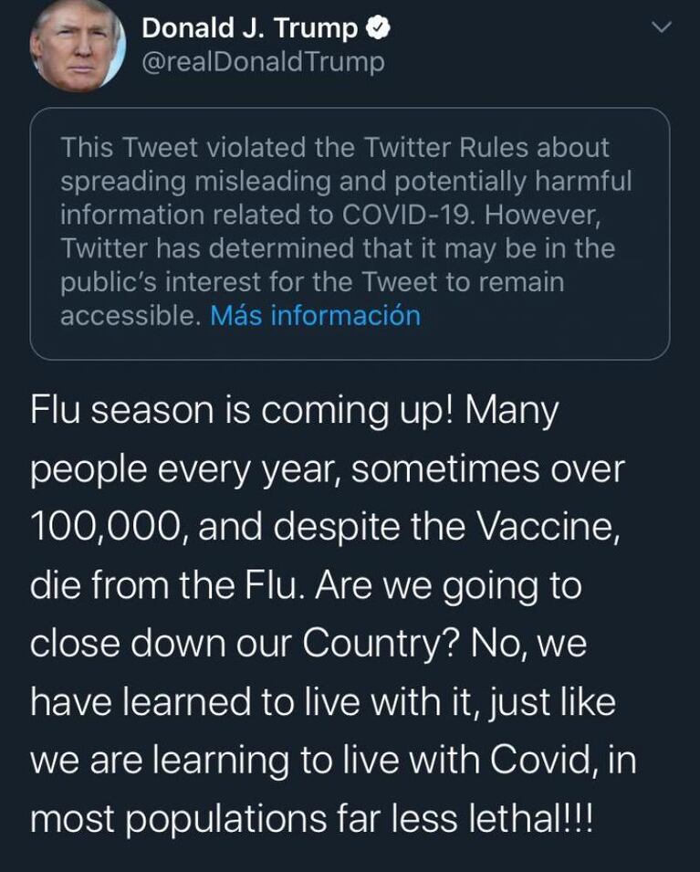 Twitter y Facebook censuraron un mensaje de Trump por comparar el coronavirus con la gripe