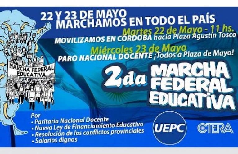 UEPC anunció paro docente para el próximo miércoles en Córdoba