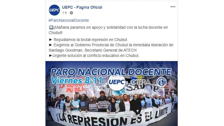 UEPC se adhiere al paro docente nacional convocado por CTERA