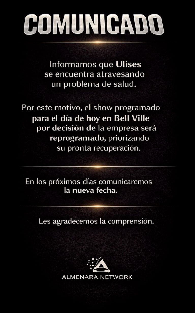 Ulises Bueno suspendió un show este viernes por problemas de salud: el comunicado