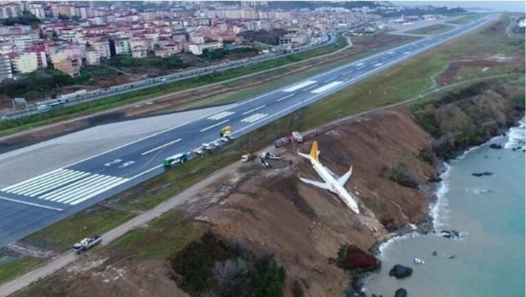 Un avión aterrizó de emergencia y quedó al borde de caer al mar