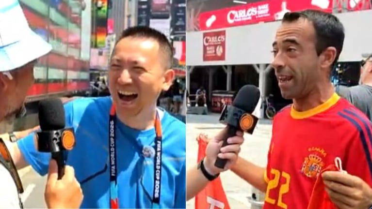 Un chino y un español que dieron que hablar en el móvil de El Doce en Times Square.
