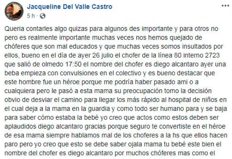 Un chofer de Ersa desvió el recorrido por una beba que sufría convulsiones