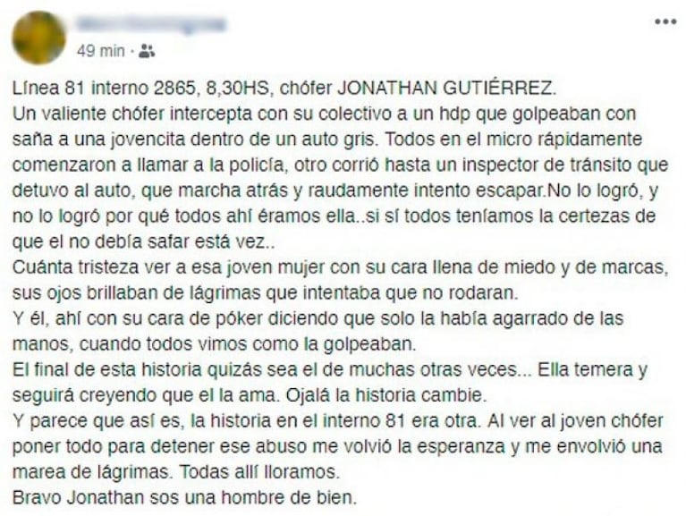 Un chofer de ERSA frenó el colectivo para evitar que una mujer sea golpeada