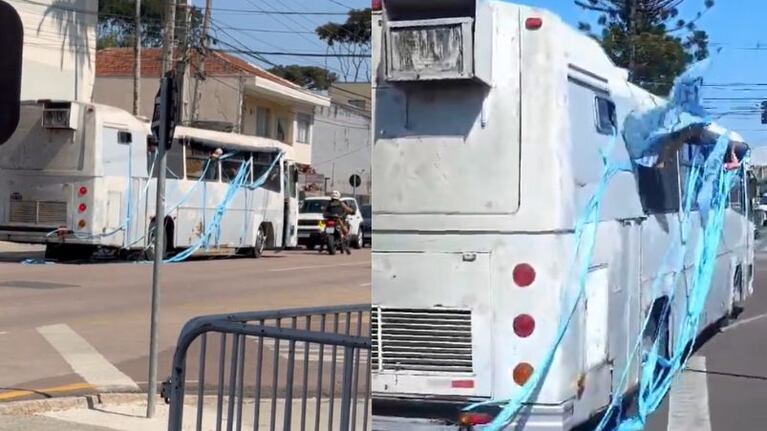 Un colectivo de hinchas de Belgrano y una loca maniobra en Curitiba.