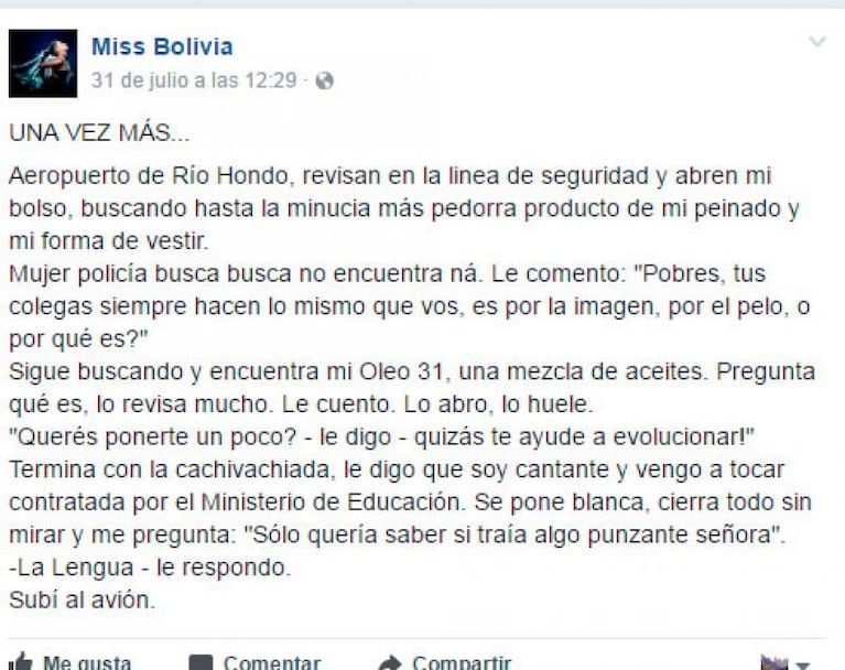 Un control de seguridad enfureció a Miss Bolivia