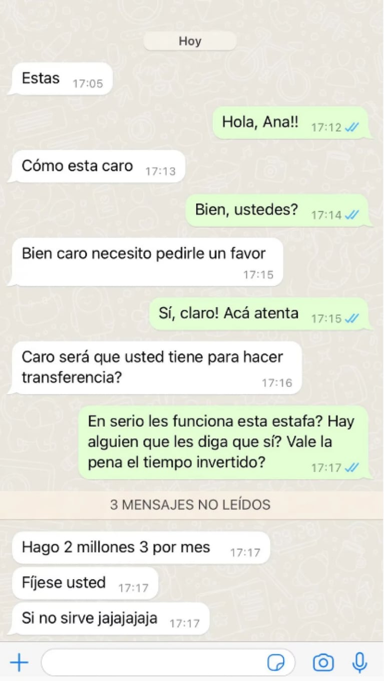 Un estafador por WhatsApp se burló y reveló cuánto gana por mes