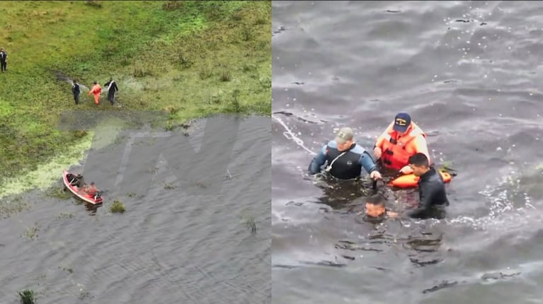 Un grupo de buzos tácticos busca a Loan en un pantanal. (Foto: captura TN).