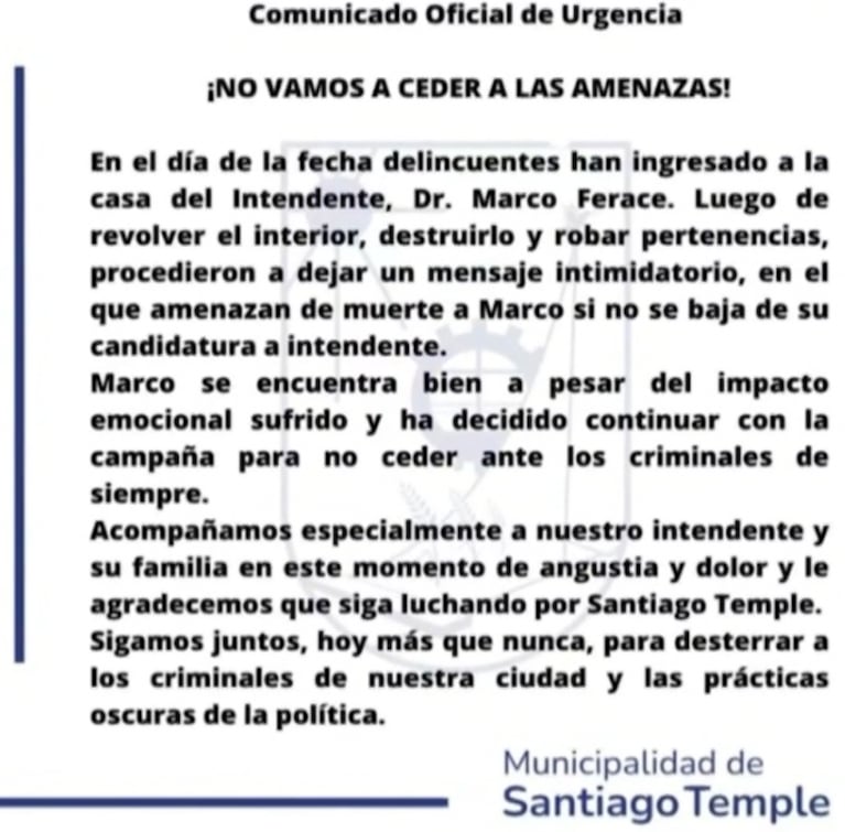 Un intendente cordobés denunció robo y amenazas y acusó al candidato opositor