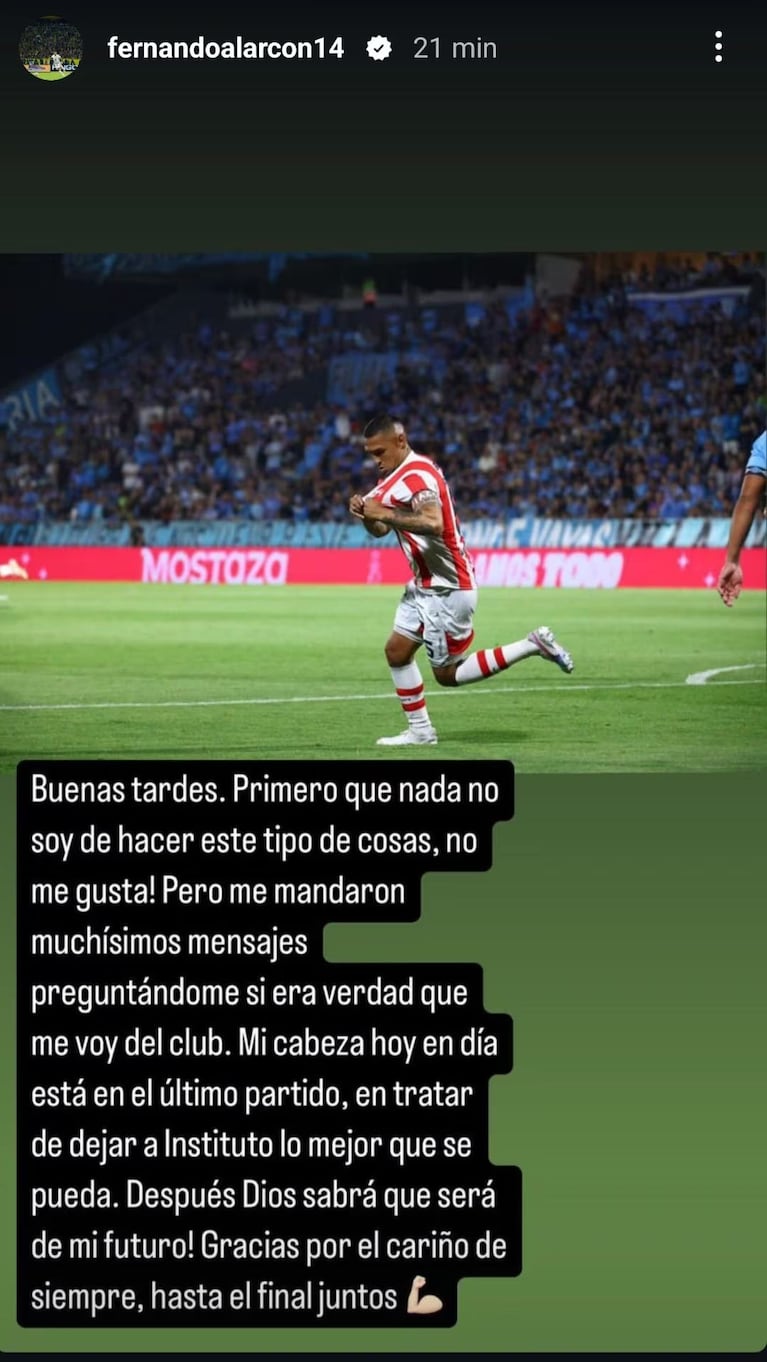 Un mensaje de Alarcón que preocupó a los hinchas de Instituto.